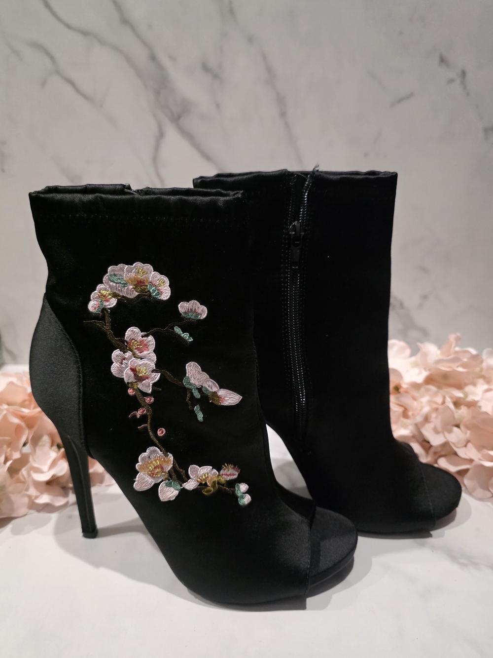 JustFab - Black Satin Peep-Toe Ankle Boots with Floral Embroidery